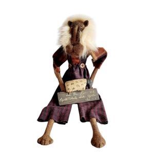 Primitive Country Folk Art Cloth Lions Head Doll Holding a Lamb And Sign